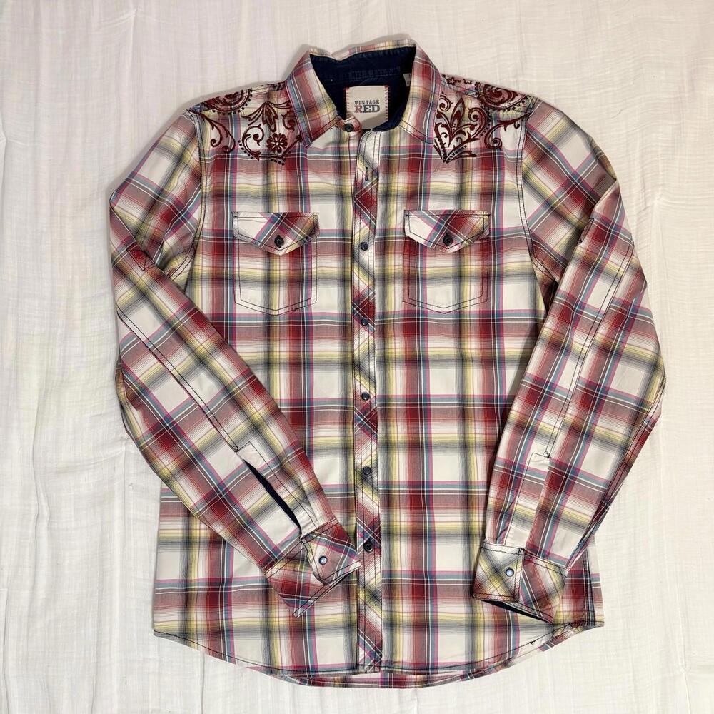 Vintage Red Western Plaid Shirt Men's Medium Pink Red Yellow Pearl Snap Cowboy